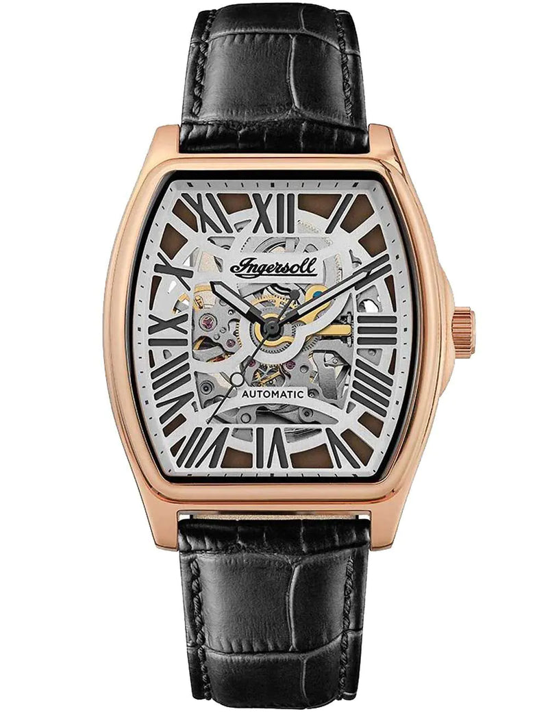 Ingersoll The California Men's Watch Rose Gold Black Leather Skeleton Automatic I14201