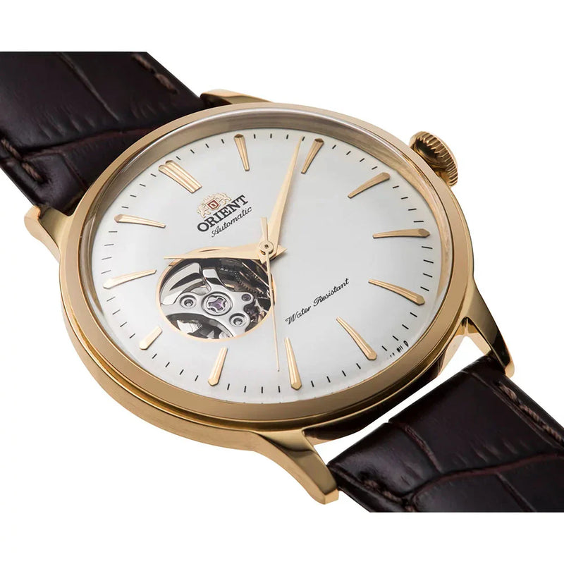 Orient Bambino Open Heart Men's Watch Gold / Brown Leather RA-AG0003S30B