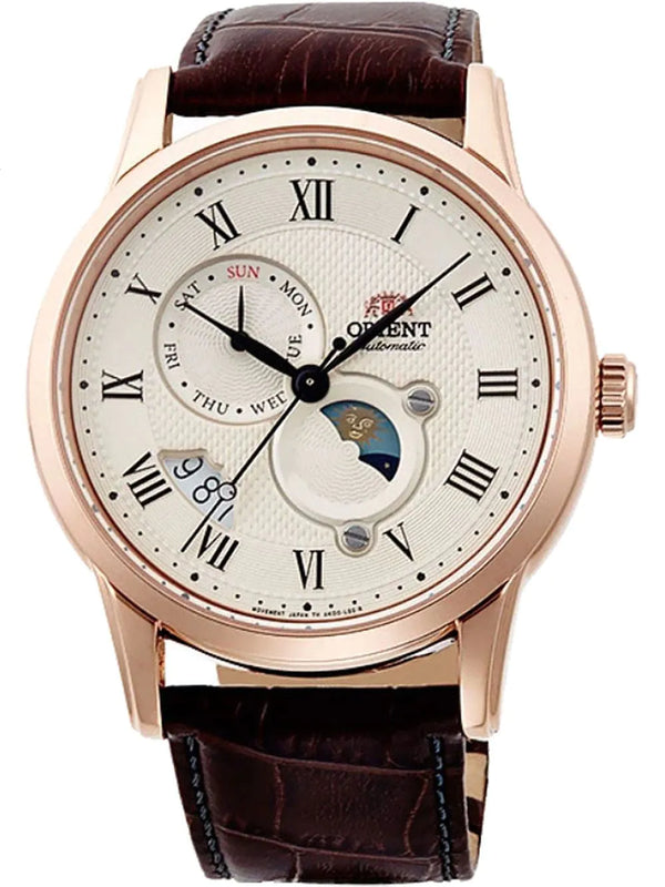 Orient Sun & Moon Men's Watch Rose Gold / Brown Leather RA-AK0007S30B