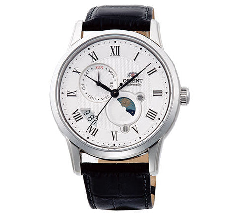 Orient Sun & Moon Men's Watch Silver / Black Leather RA-AK0008S30B