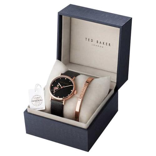 Ted Baker Fitzrovia Flamingo Ladies Black Leather Watch & Bangle Set TWG0249009I - Watches