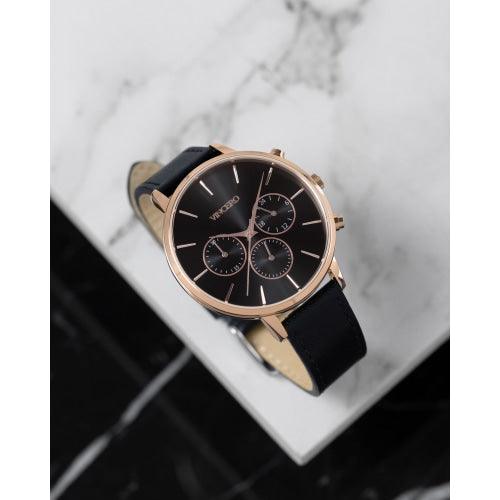 Vincero Kleio Ladies Black/Rose Gold Chronograph Italian Leather Watch - WATCHES